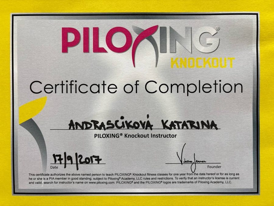 Certifikát Piloxing Knockout Instructor, Katarína Andraščíková, 2017