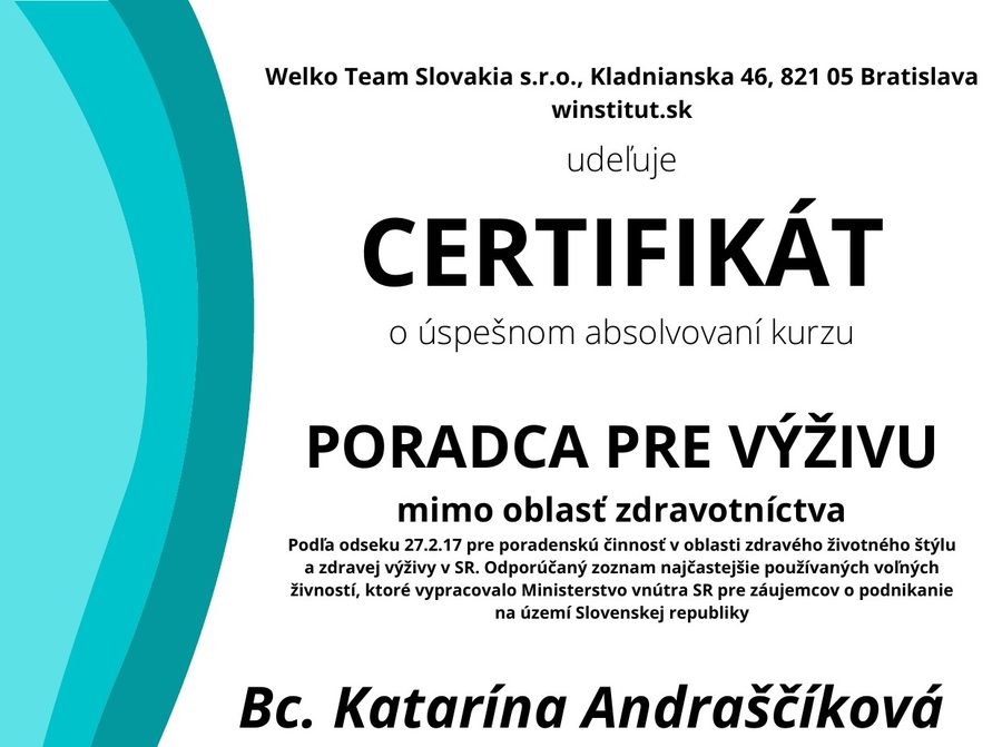 Certifikát Poradca pre výživu, WINSTITUT, Katarína Andraščíková